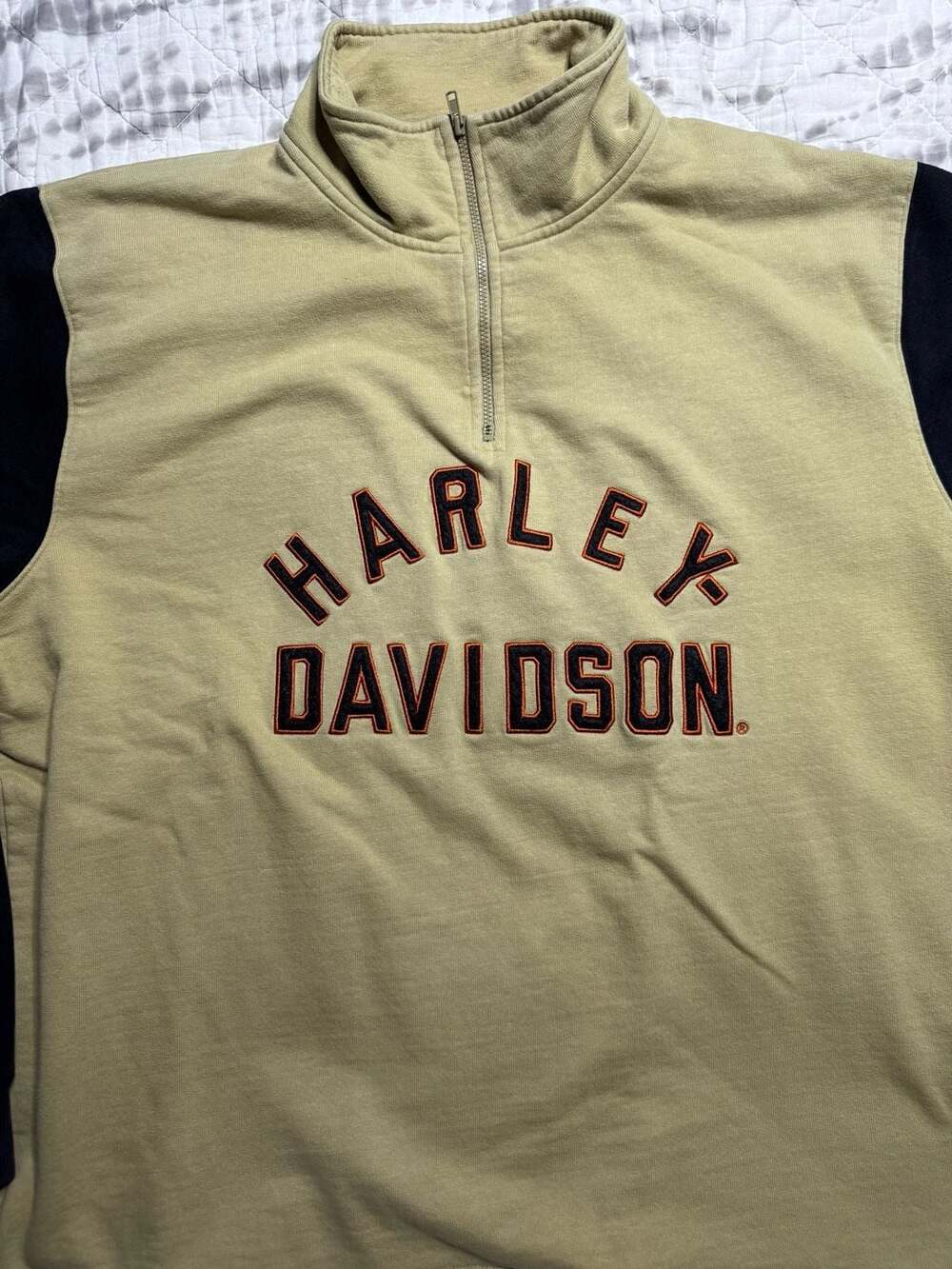 Harley Davidson 1/4 Zip Sweatshirt Men's XL Tan Black Colorblock Spell Out